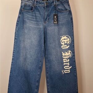 Ed Hardy Wide Leg Blue Jeans with White Logo